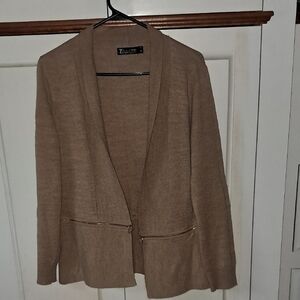 New York & Company Tan Cardigan With Gold Zipper Detail